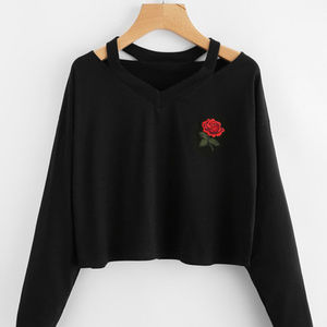 Space Cat Shirts - Rose Embroidered Crop Top